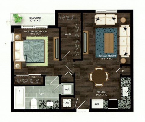 Floor plan for 1 bed, 1 bath, 717 sqft